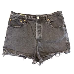 Levi's Ribcage Shorts Black Denim Raw Hem Button Fly Size 32